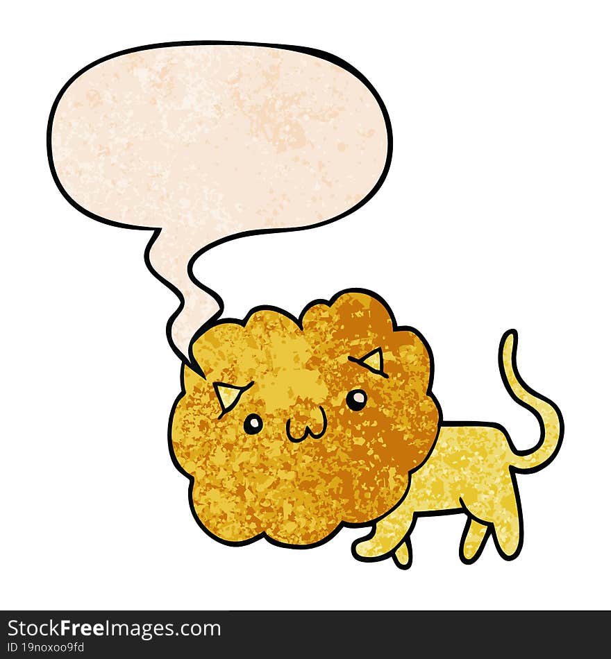 cartoon lion and speech bubble in retro texture style