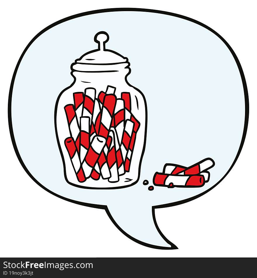 cartoon traditional candy sticks in jar with speech bubble