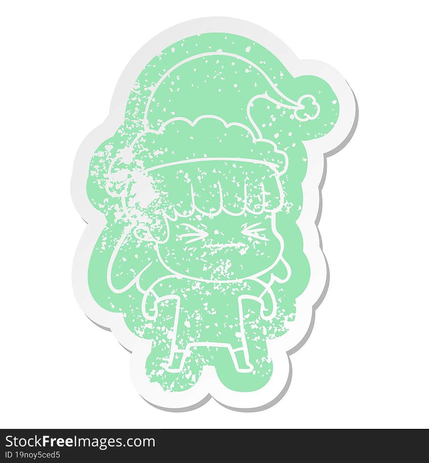 quirky cartoon distressed sticker of a woman wearing santa hat