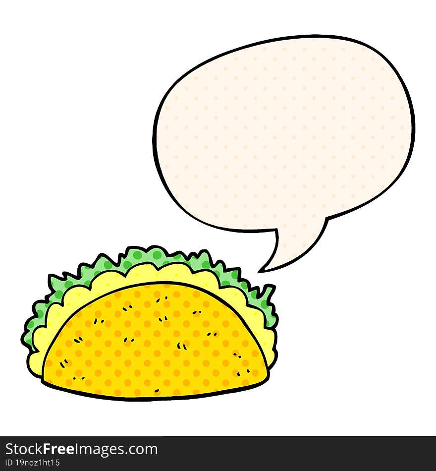 cartoon taco and speech bubble in comic book style