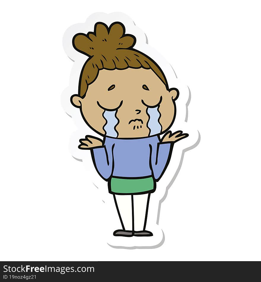 sticker of a cartoon crying woman shrugging