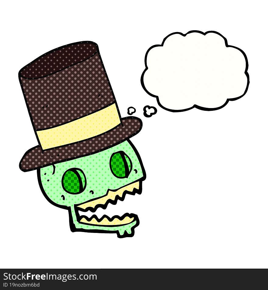 freehand drawn thought bubble cartoon laughing skull in top hat