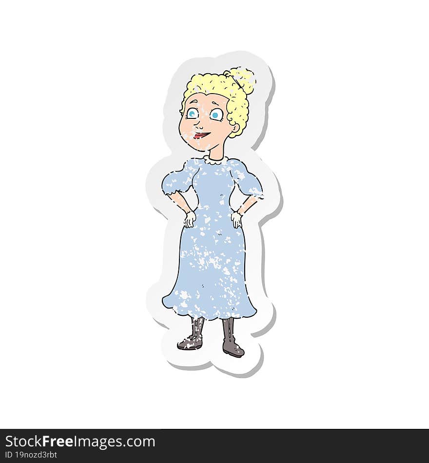 retro distressed sticker of a cartoon victorian woman in dress