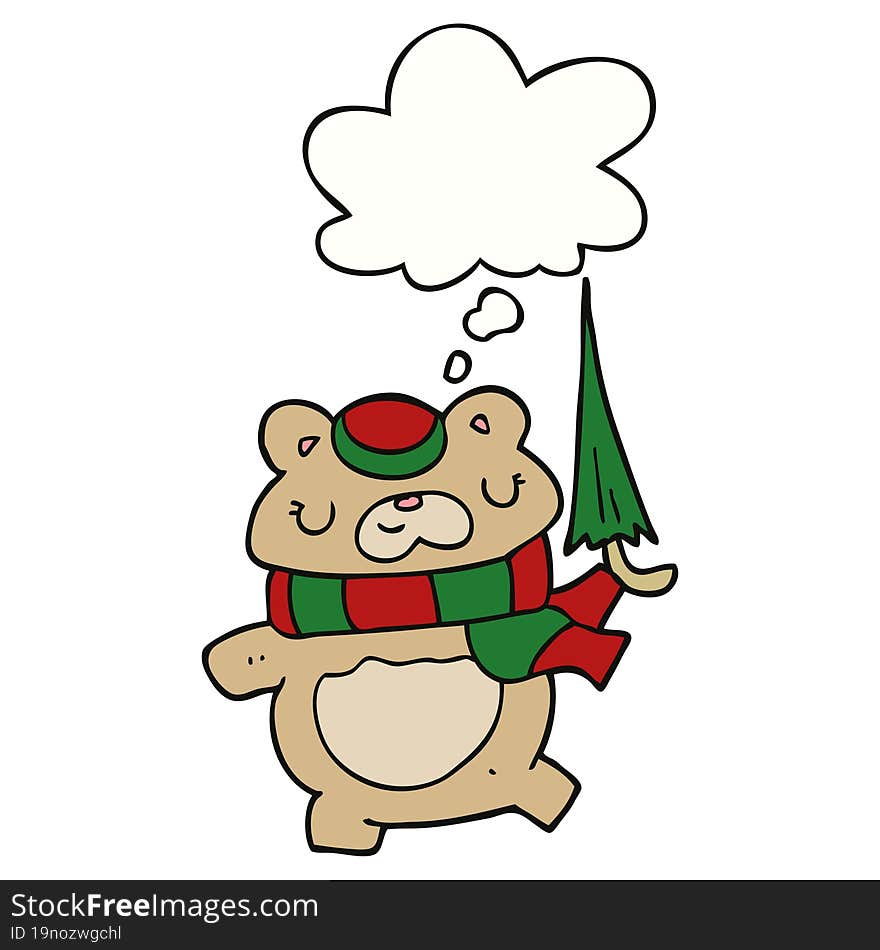 Cartoon Bear With Umbrella And Thought Bubble