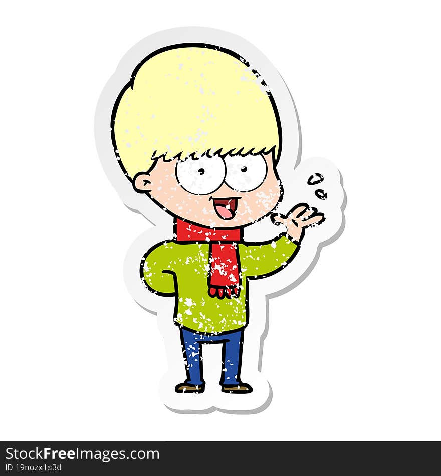 distressed sticker of a happy cartoon boy waving