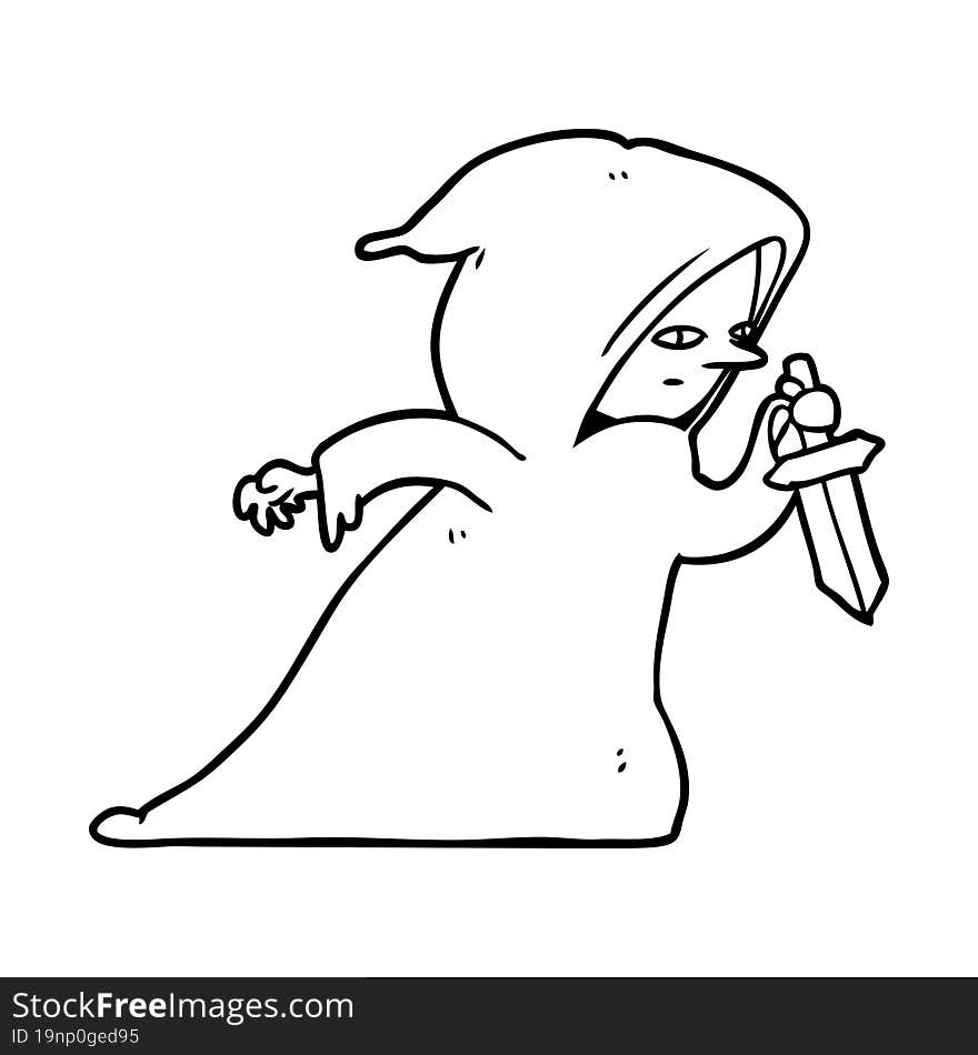 line drawing of a assassin in dark robe. line drawing of a assassin in dark robe