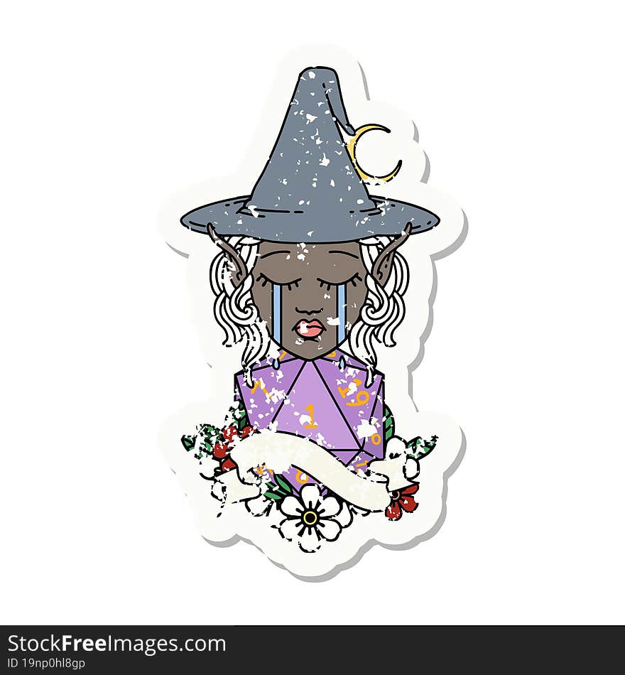 crying elf mage character face with natural one D20 roll illustration