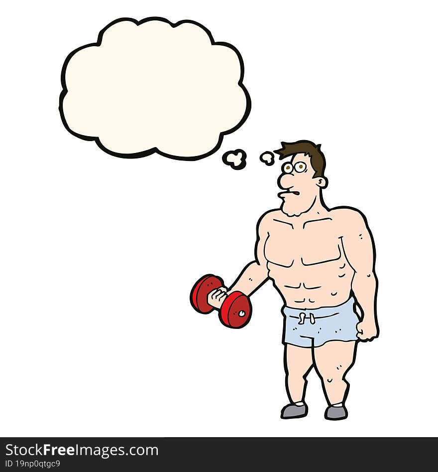 cartoon man lifting weights with thought bubble