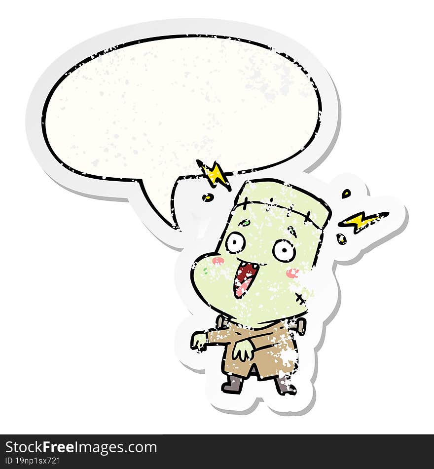 cartoon undead monster creation man and speech bubble distressed sticker