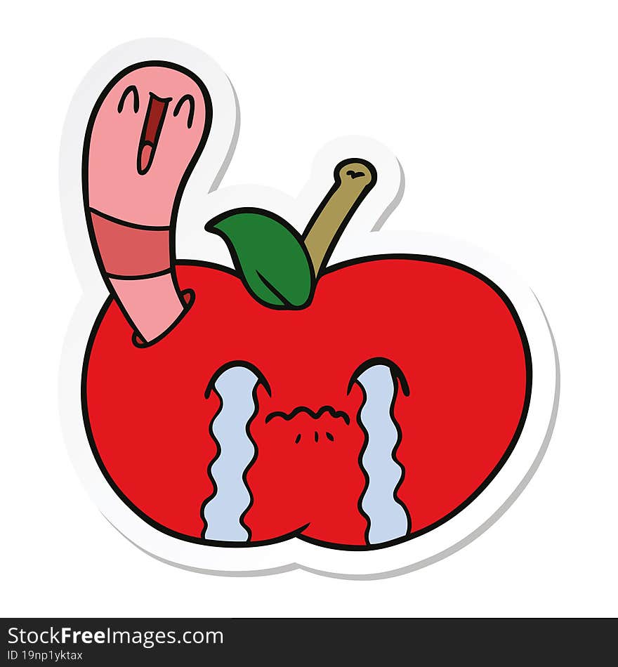 sticker of a cartoon worm eating an apple