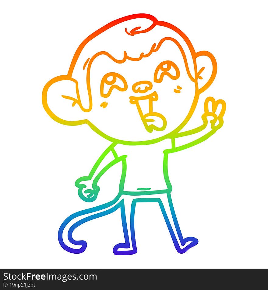 rainbow gradient line drawing crazy cartoon monkey giving peace sign