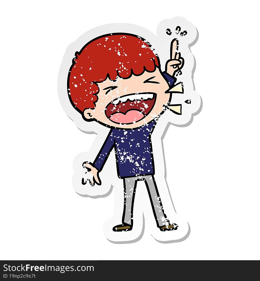 distressed sticker of a cartoon laughing man