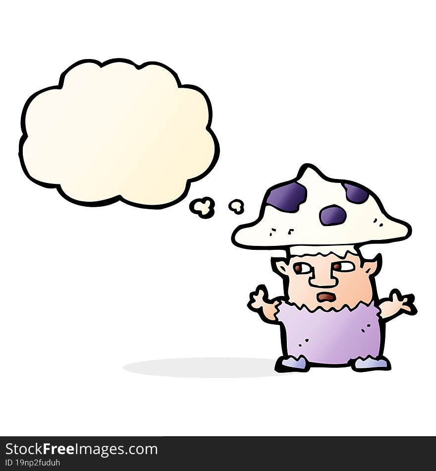 cartoon little mushroom man with thought bubble