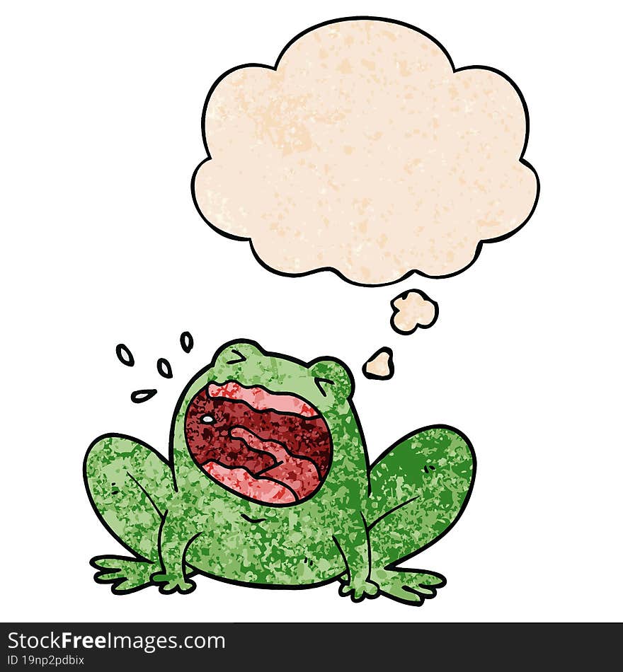 cartoon frog shouting and thought bubble in grunge texture pattern style