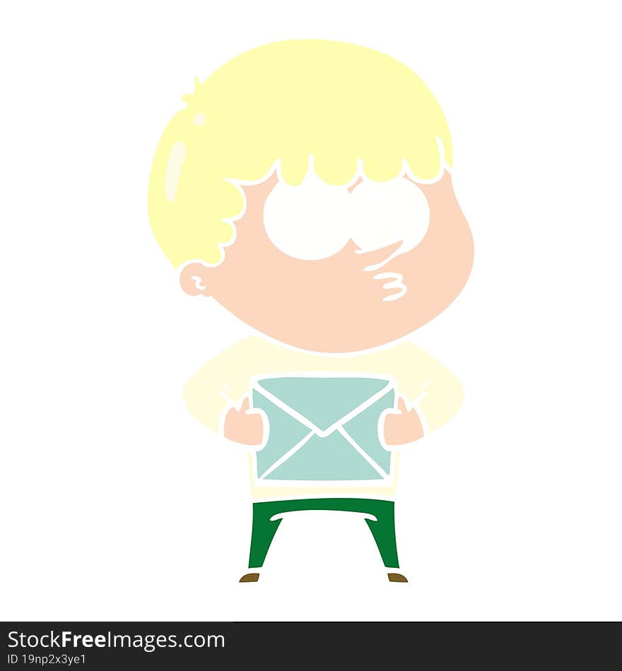 flat color style cartoon curious boy carrying a gift