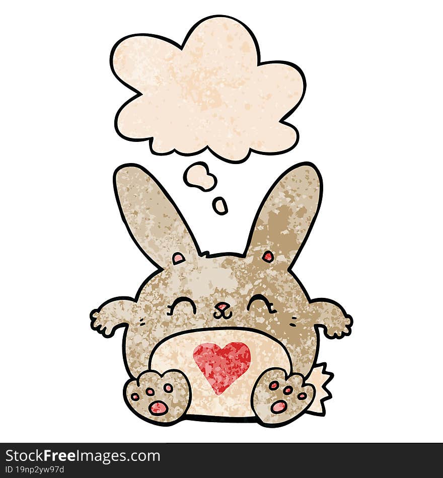 cute cartoon rabbit with love heart with thought bubble in grunge texture style. cute cartoon rabbit with love heart with thought bubble in grunge texture style