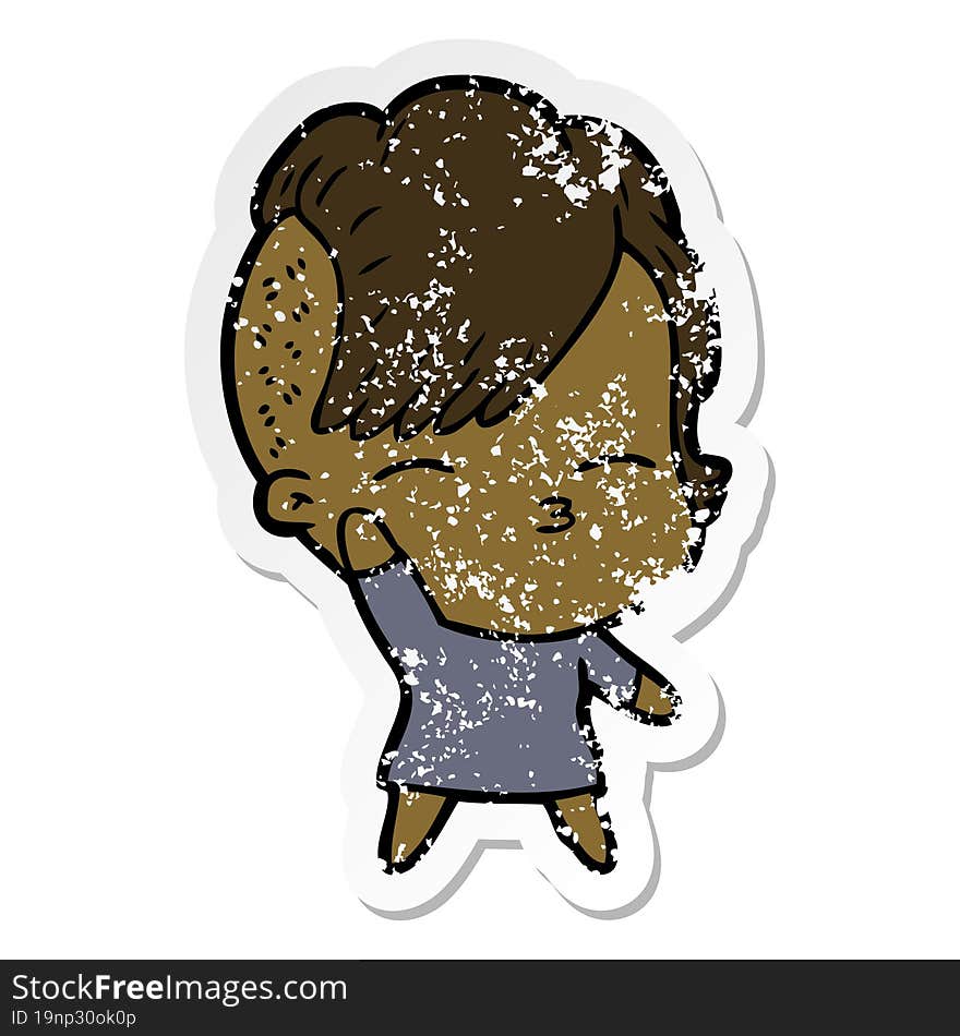 distressed sticker of a cartoon squinting girl