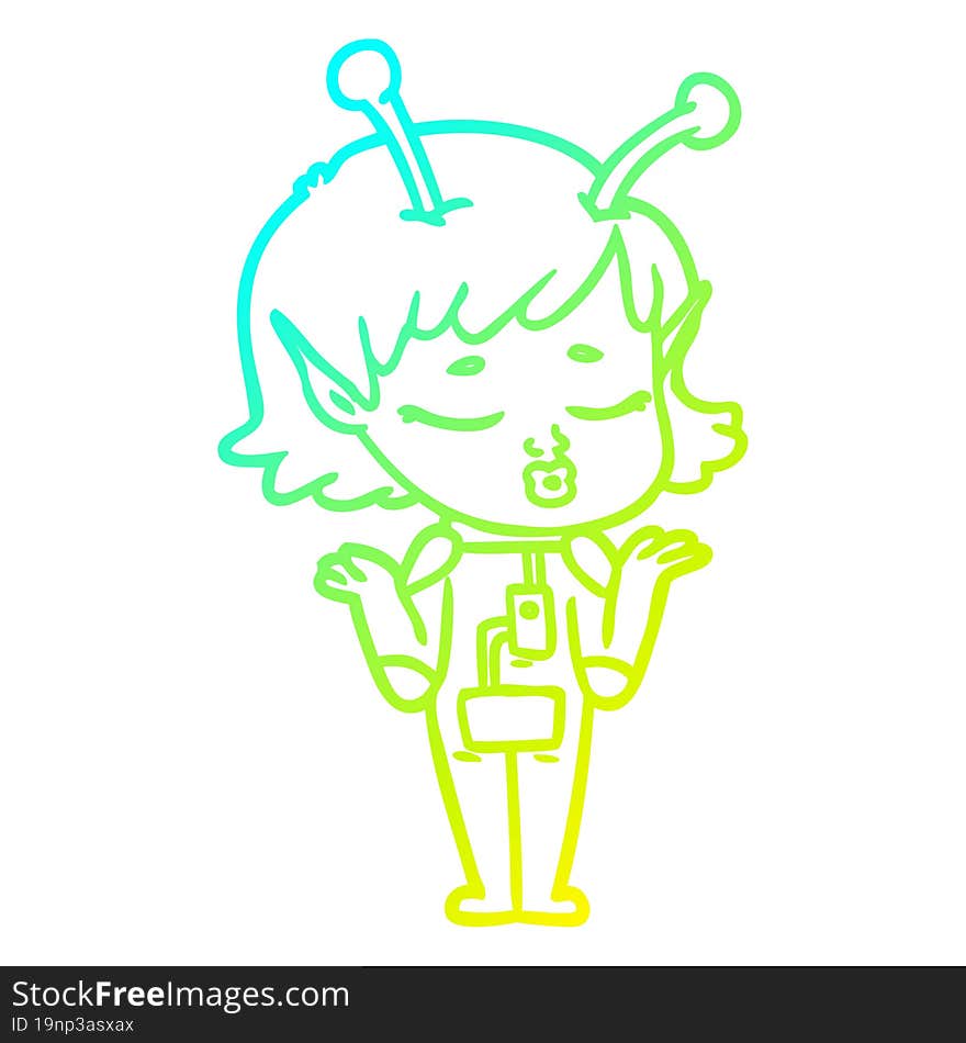 cold gradient line drawing of a cartoon alien girl