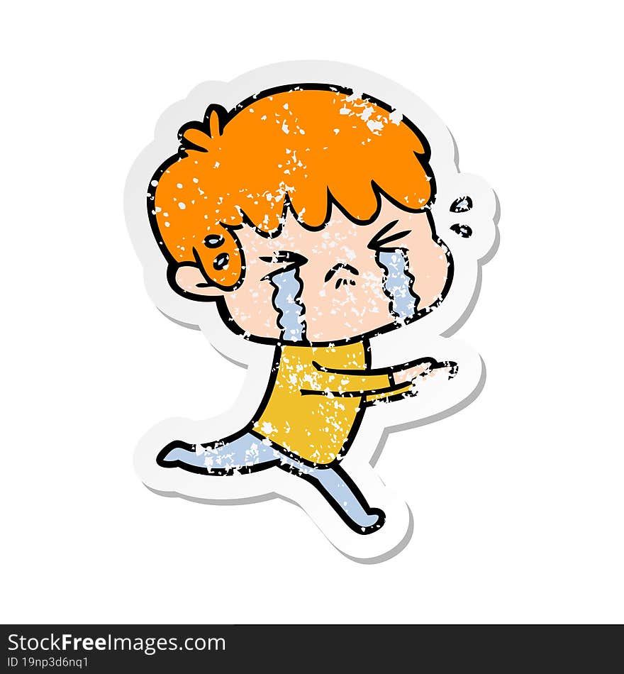 distressed sticker of a cartoon boy crying