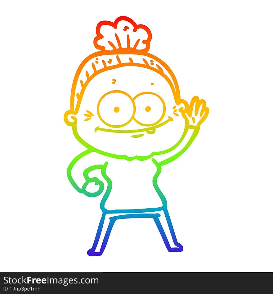 rainbow gradient line drawing of a cartoon happy old woman