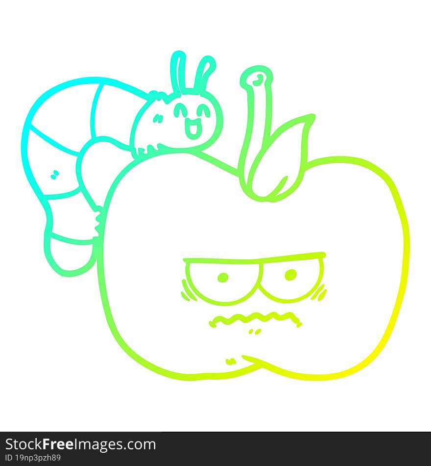 cold gradient line drawing of a cartoon grumpy apple and caterpillar