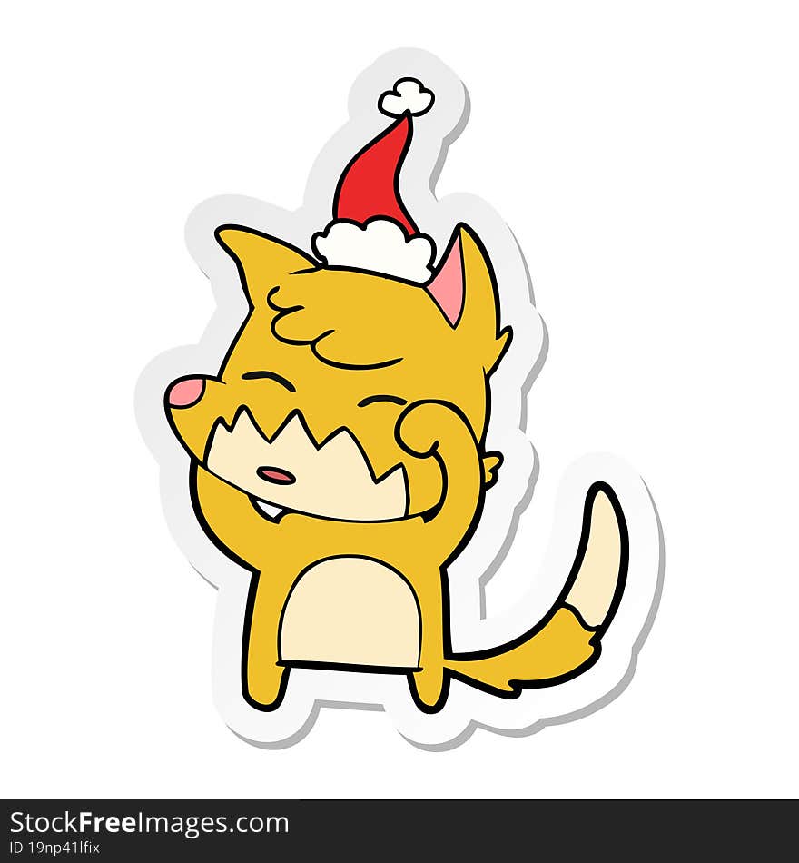 Sticker Cartoon Of A Fox Wearing Santa Hat