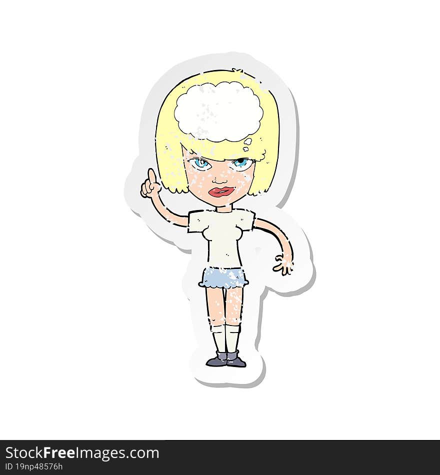 retro distressed sticker of a cartoon woman with idea