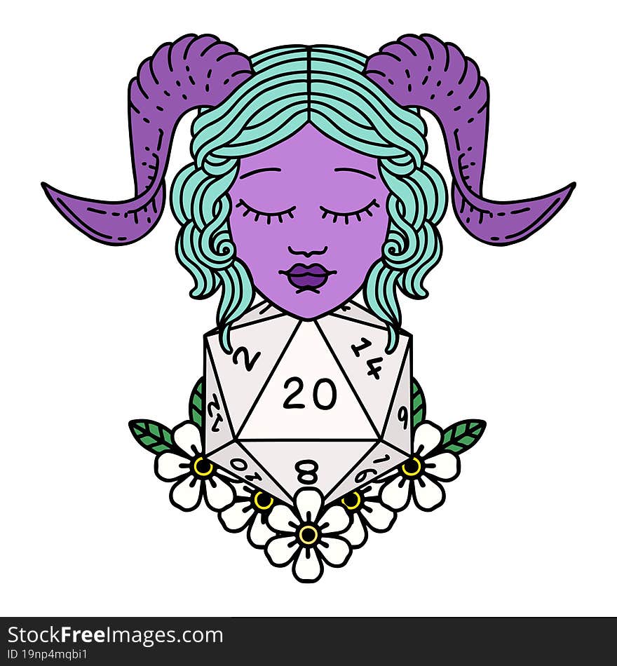 Retro Tattoo Style tiefling with natural twenty dice roll. Retro Tattoo Style tiefling with natural twenty dice roll