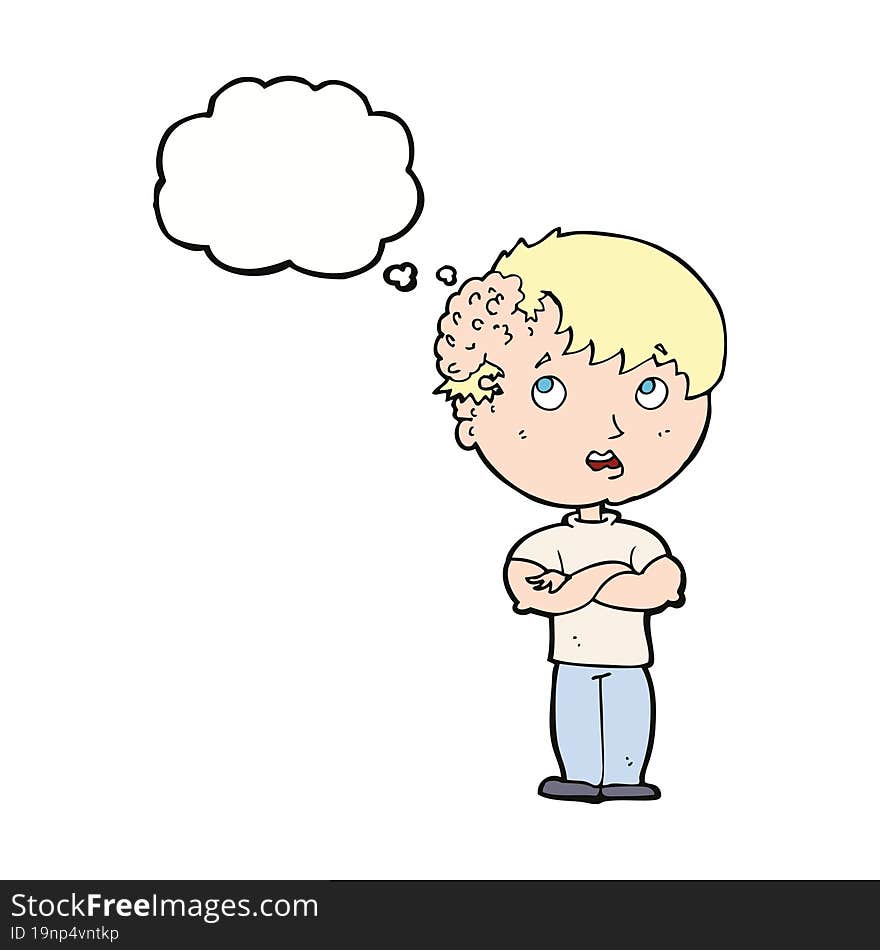 cartoon boy with growth on head with thought bubble