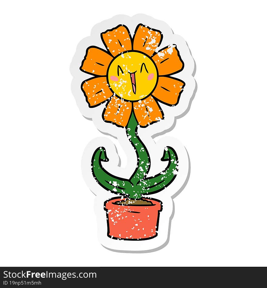 distressed sticker of a happy cartoon flower