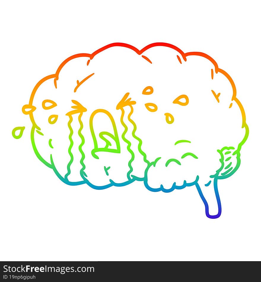 Rainbow Gradient Line Drawing Cartoon Brain Crying