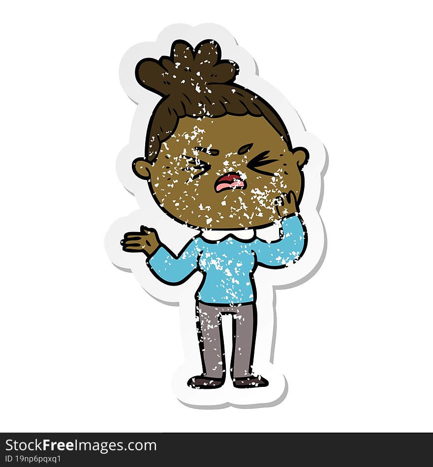 distressed sticker of a cartoon angry woman