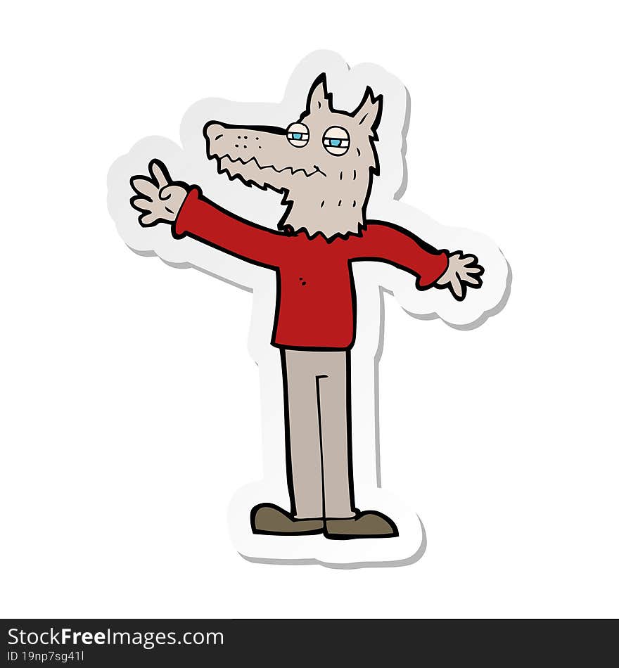 sticker of a cartoon waving wolf