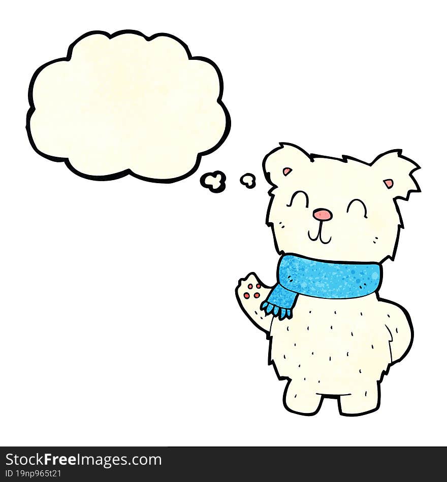 cartoon waving polar bear with thought bubble