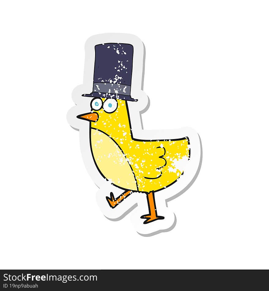 Retro Distressed Sticker Of A Cartoon Bird Wearing Hat