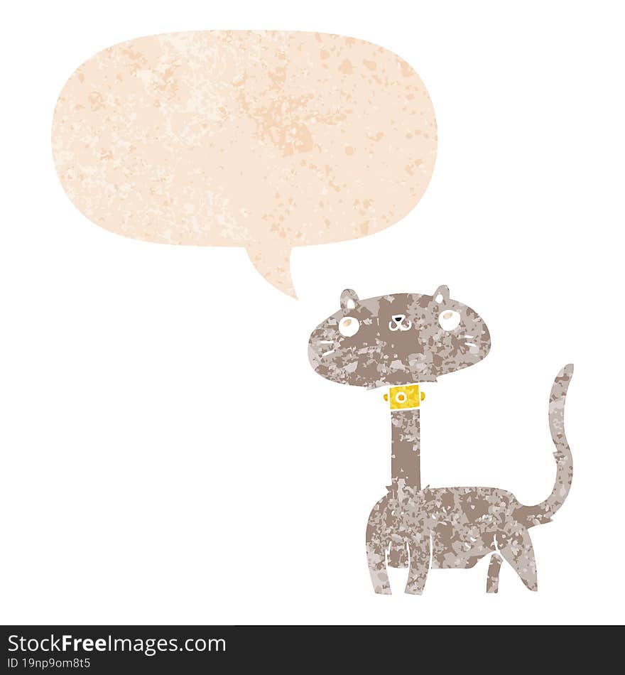 cartoon cat and speech bubble in retro textured style