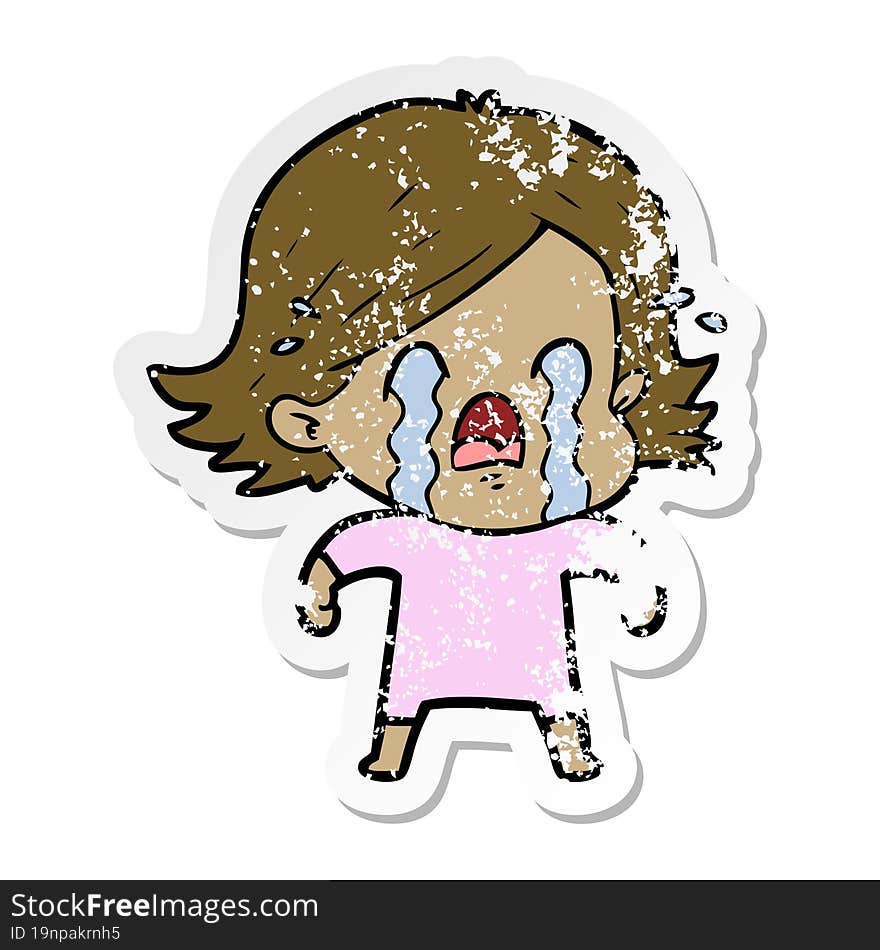 distressed sticker of a cartoon woman crying