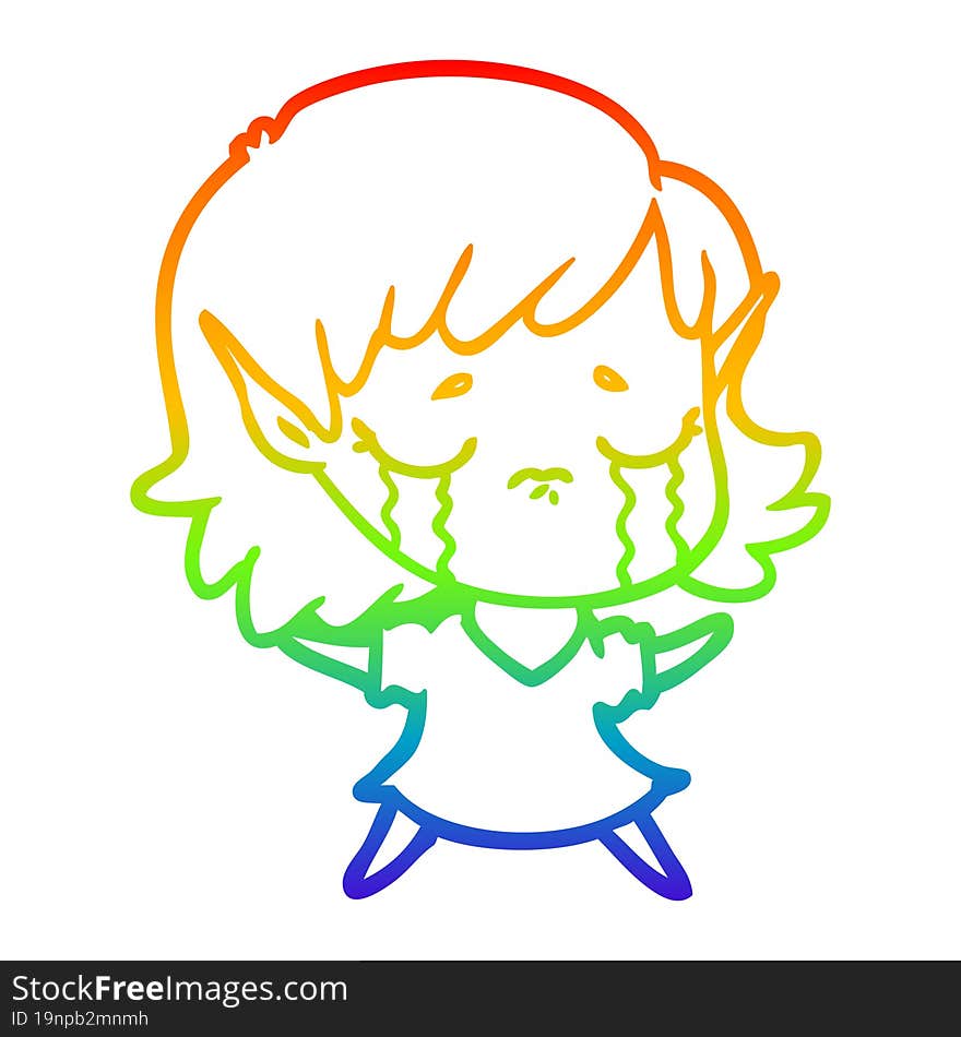 rainbow gradient line drawing of a cartoon crying elf girl