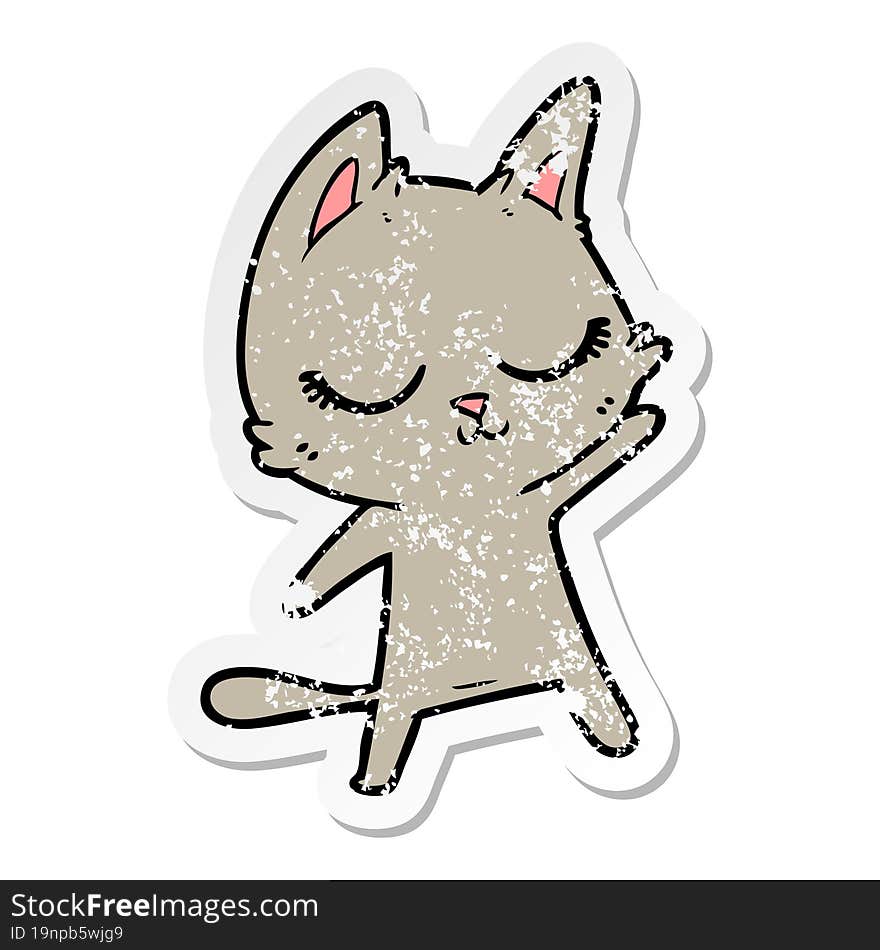 distressed sticker of a calm cartoon cat waving