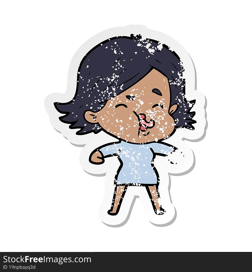 distressed sticker of a cartoon girl pulling face