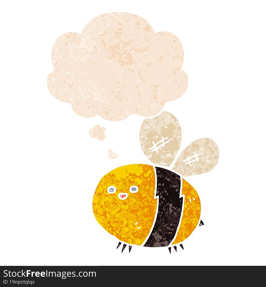 cartoon bee with thought bubble in grunge distressed retro textured style. cartoon bee with thought bubble in grunge distressed retro textured style