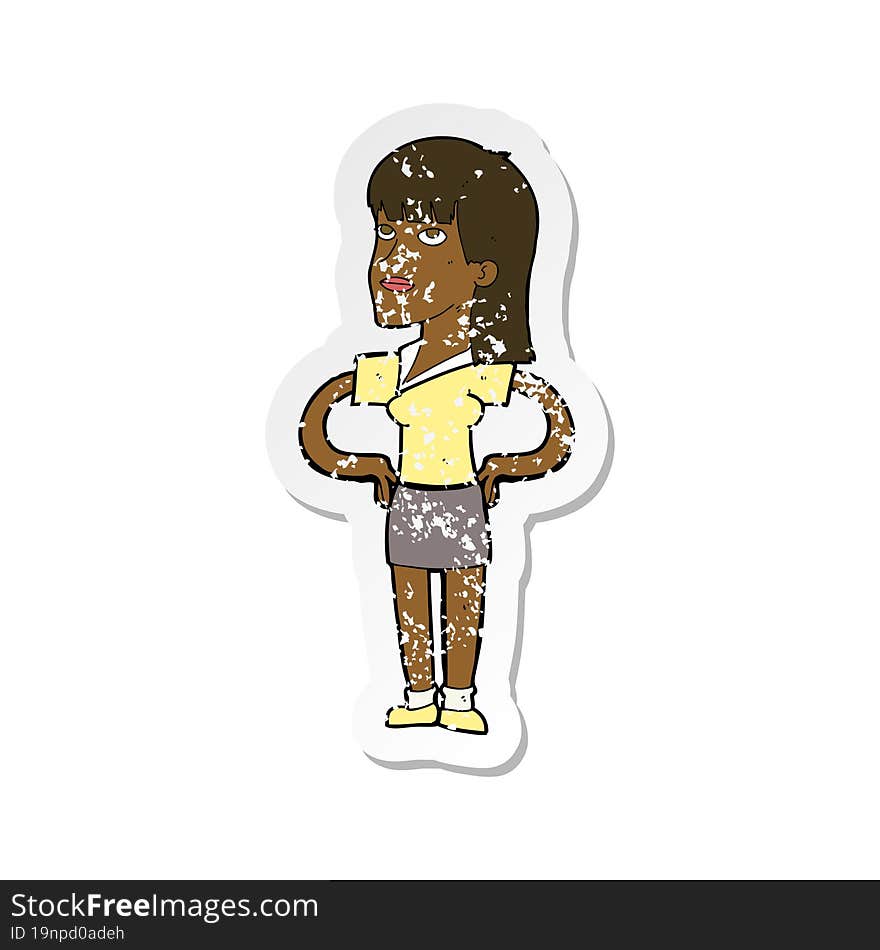 retro distressed sticker of a cartoon woman with hands on hips