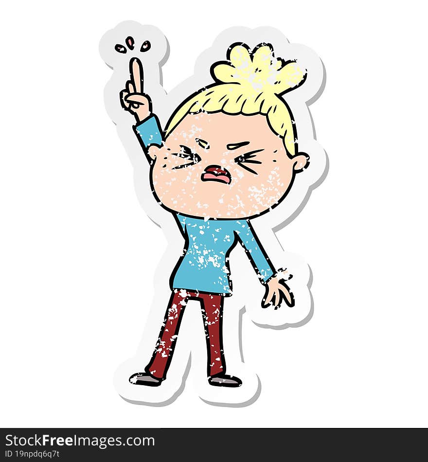 Distressed Sticker Of A Cartoon Angry Woman