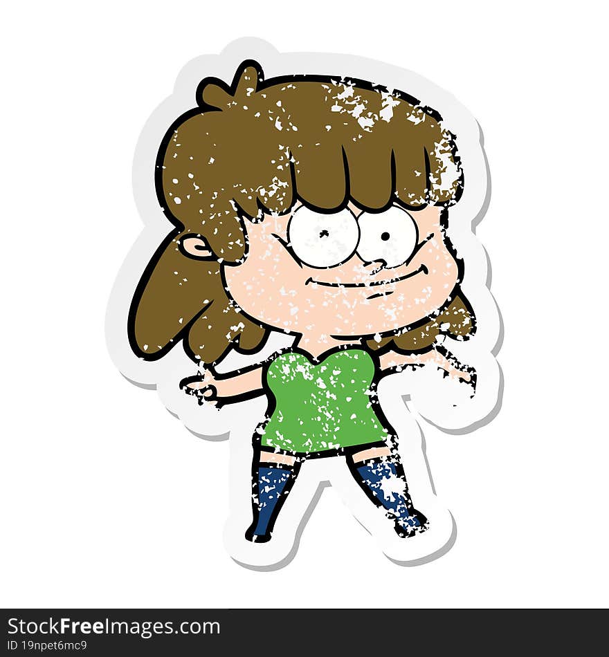 distressed sticker of a cartoon girl smiling