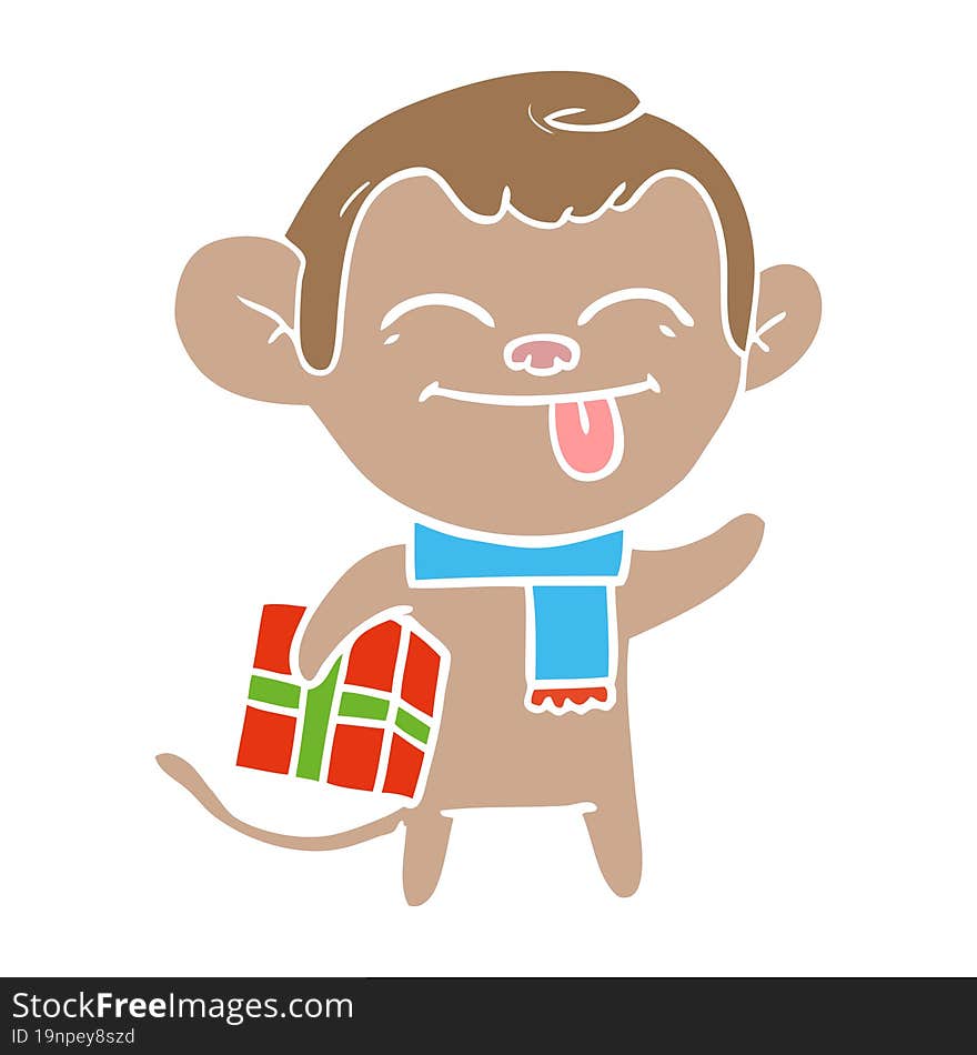 funny flat color style cartoon monkey with christmas present