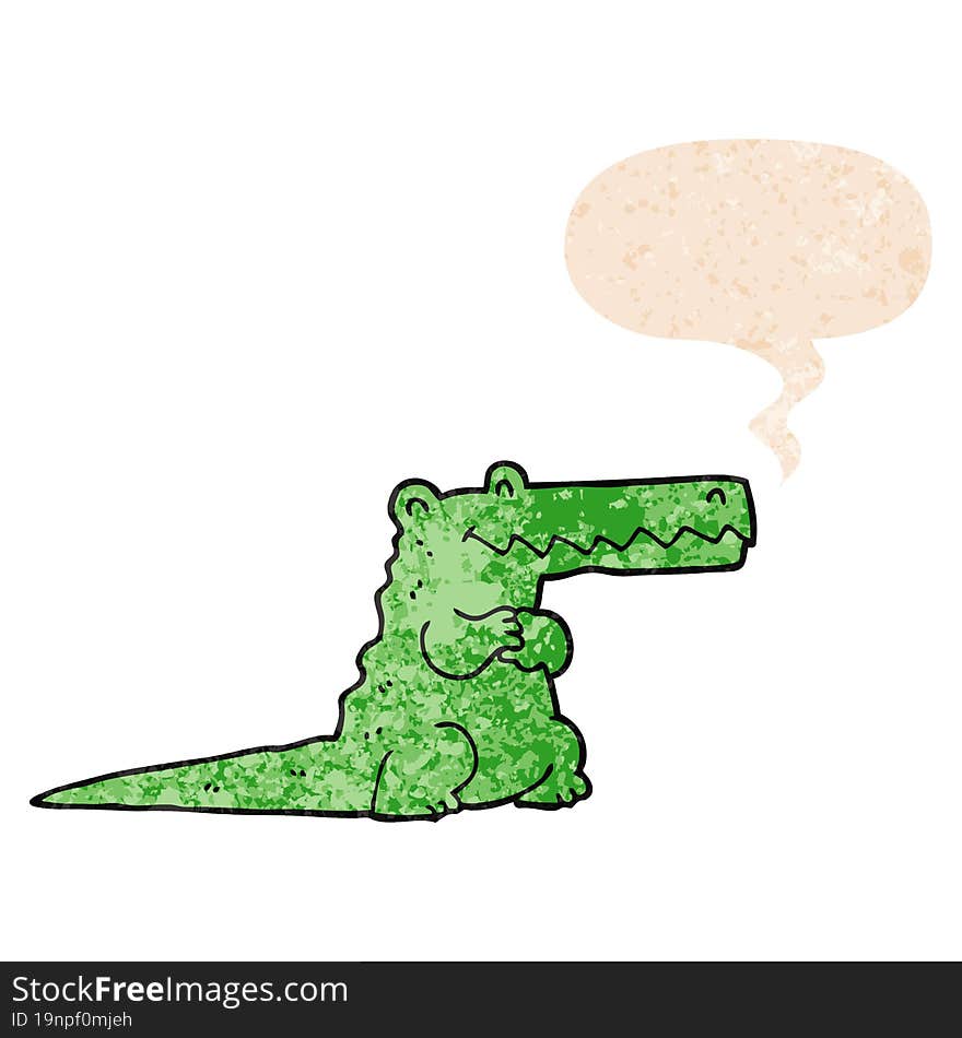 cartoon crocodile and speech bubble in retro textured style