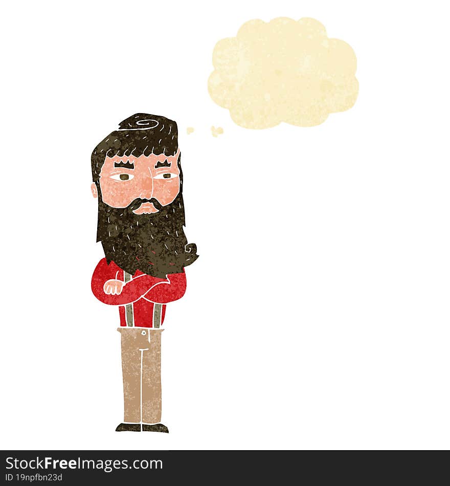 cartoon serious man with beard with thought bubble