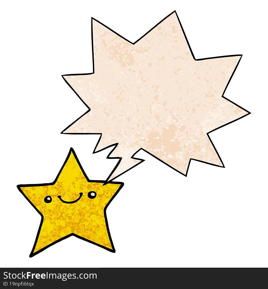 happy cartoon star and speech bubble in retro texture style