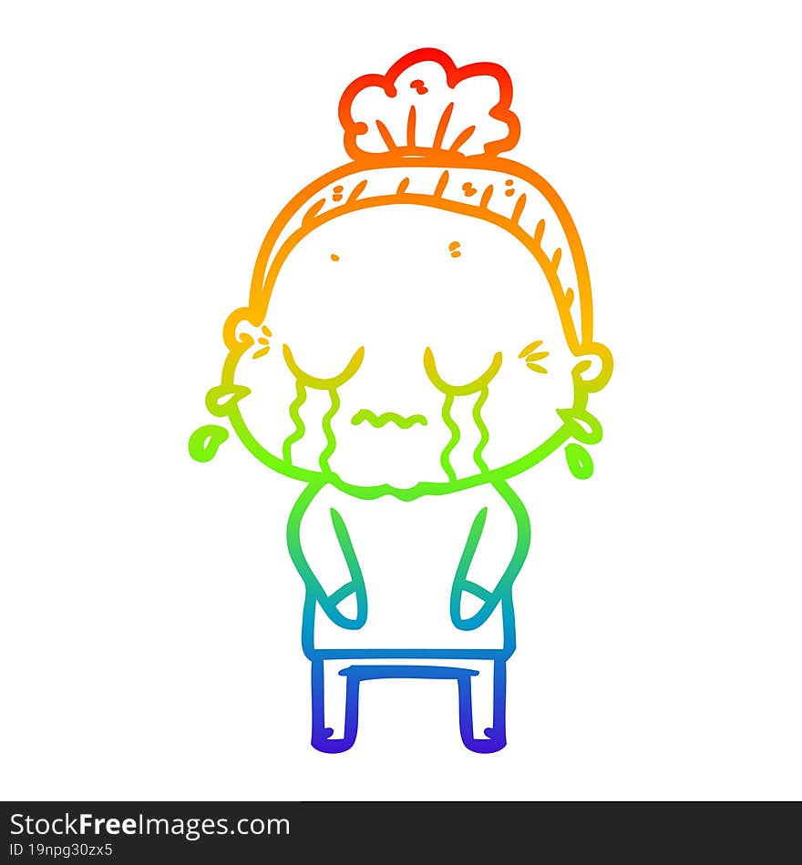 Rainbow Gradient Line Drawing Cartoon Crying Old Lady