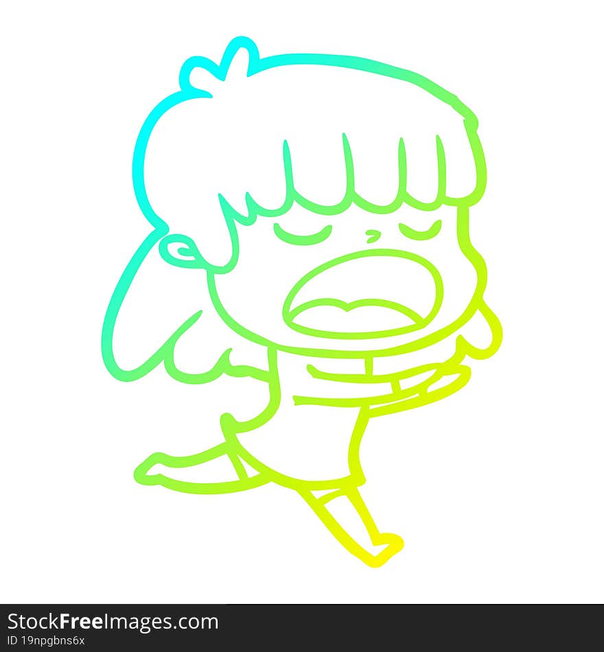 cold gradient line drawing of a cartoon woman talking loudly